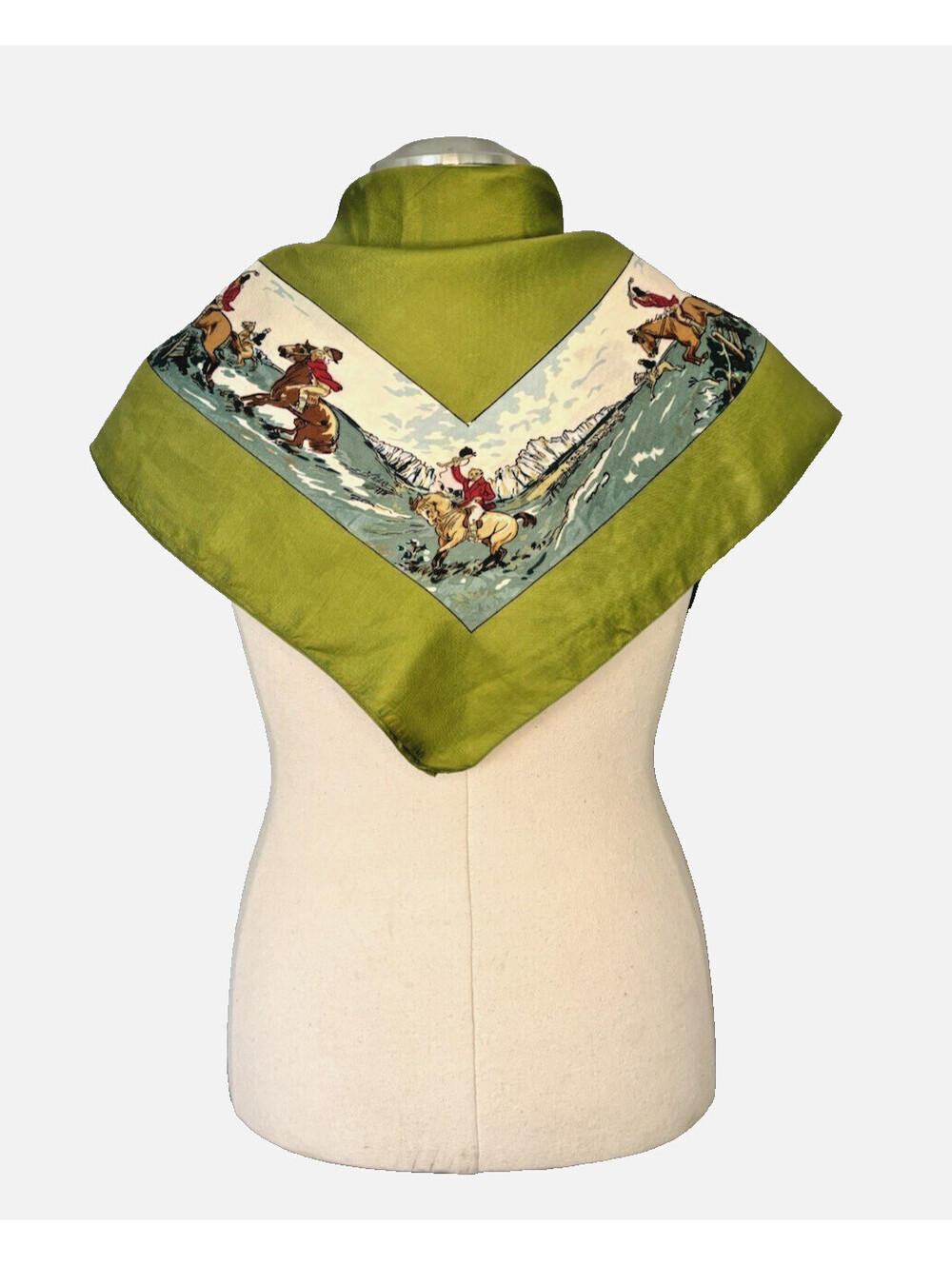 Vintage 1940's Liberty of London Green Silk Scarf Equestrian Fox Hunt 27" Sq